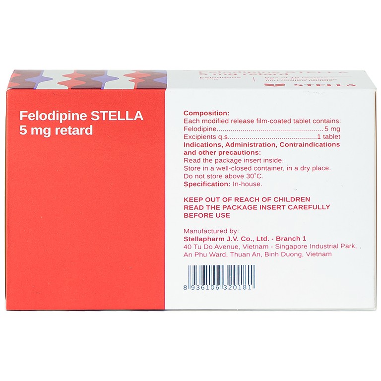 Thuốc Felodipine Stella 5mg Retard kiểm soát tăng huyết áp (10 vỉ x 10 viên)