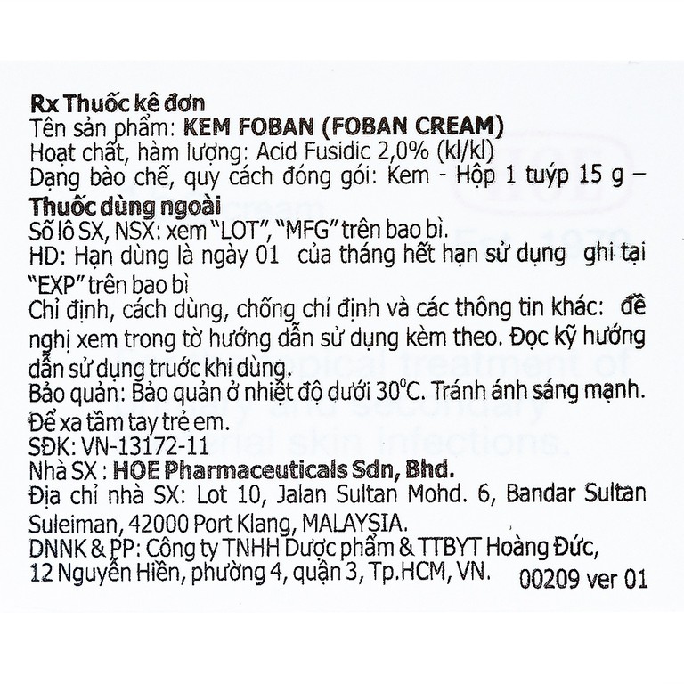 Kem Foban Cream điều trị tổn thương da do Staphylococcus, Streptococcus (15g)