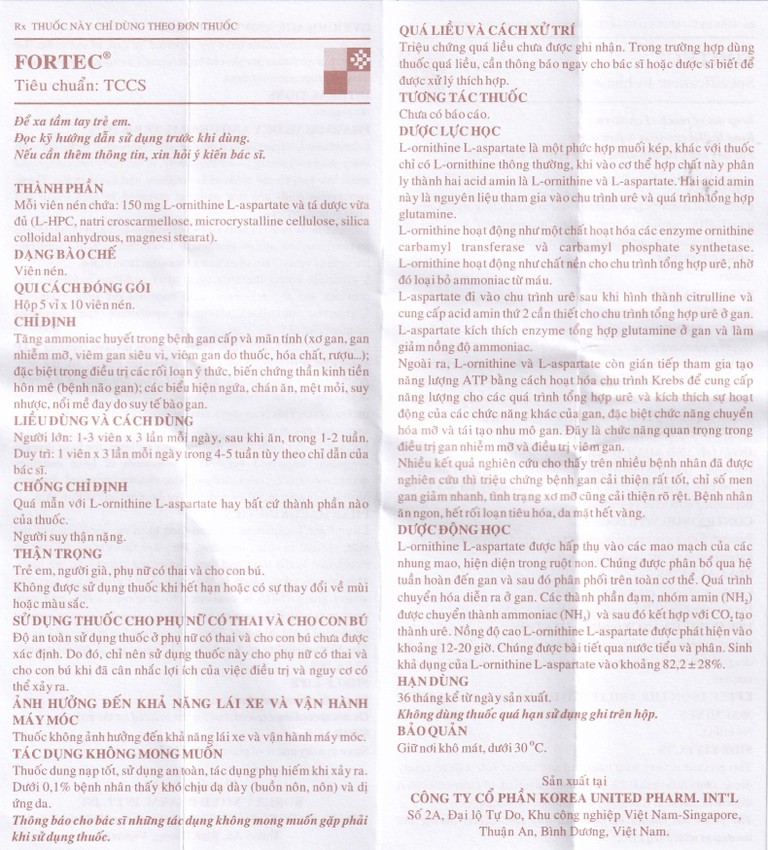 Thuốc Fortec United tăng ammoniac huyết trong bệnh gan cấp và mãn tính (5 vỉ x 10 viên)