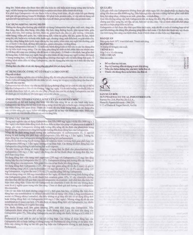 Thuốc Gabantin 300 Sun Pharma điều trị đau thần kinh sau khi nhiễm herpes (3 vỉ x 10 viên)