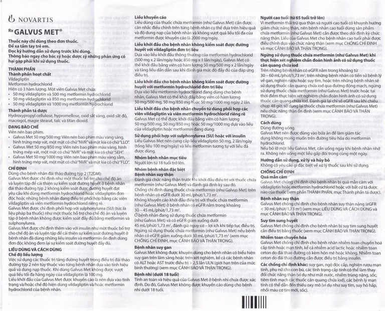 Thuốc Galvus Met 50mg/1000mg Novartis hỗ trợ điều trị đái tháo đường típ 2 (6 vỉ x 10 viên)