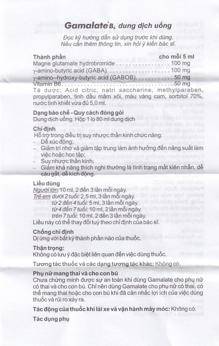 Dung dịch Gamalate B6 điều trị suy nhược thần kinh (80ml)