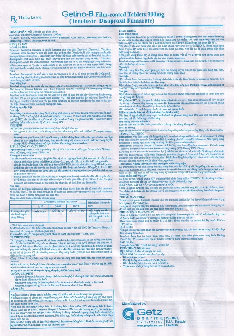 Thuốc Getino-B 300mg Getz kiểm soát nhiễm HIV, điều trị viêm gan B mạn tính (30 viên)