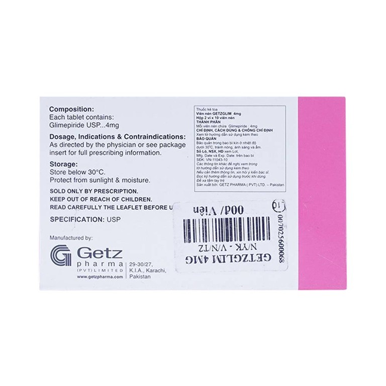 Thuốc Getzglim 4mg Getz điều trị đái tháo đường típ 2 (2 vỉ x 10 viên)
