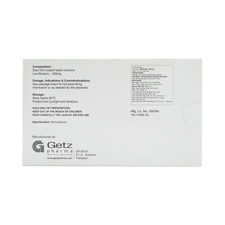Thuốc Getzlox 500mg Getz điều trị nhiễm khuẩn (1 vỉ x 10 viên)