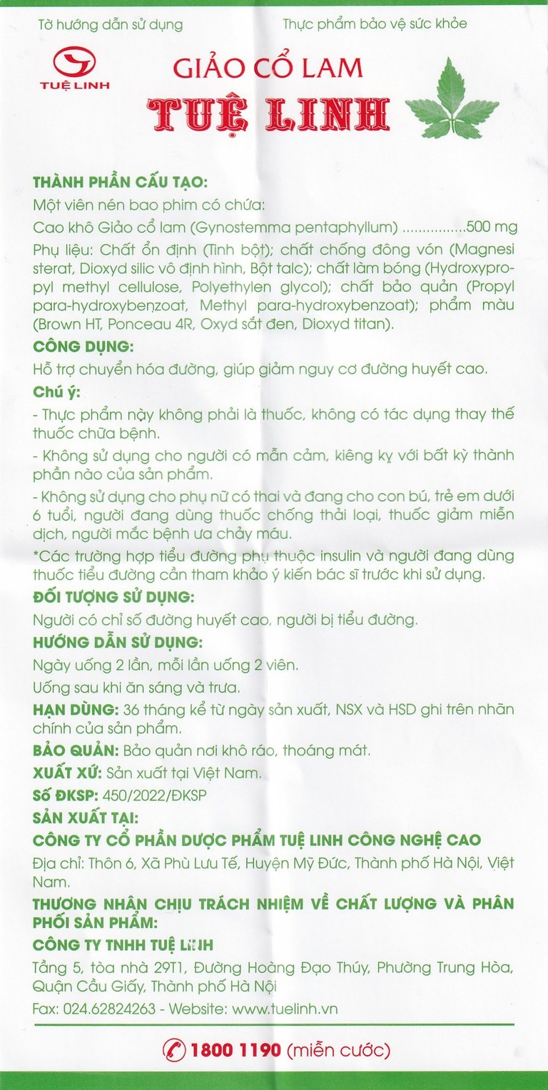 Viên uống Giảo Cổ Lam Tuệ Linh hỗ trợ chuyển hóa đường, giảm nguy cơ đường huyết cao (100 viên)