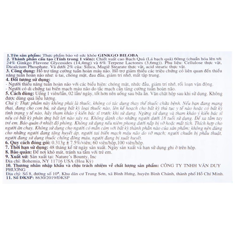 Viên uống Ginkgo Biloba 60mg Nature's Bounty hỗ trợ tăng cường tuần hoàn não (60 viên)