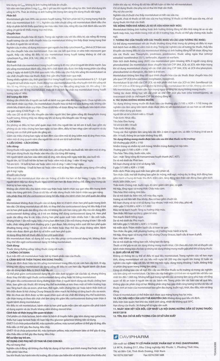 Thuốc Givet-10 Davipharm phòng và điều trị viêm phế quản mạn tính (4 vỉ x 7 viên)