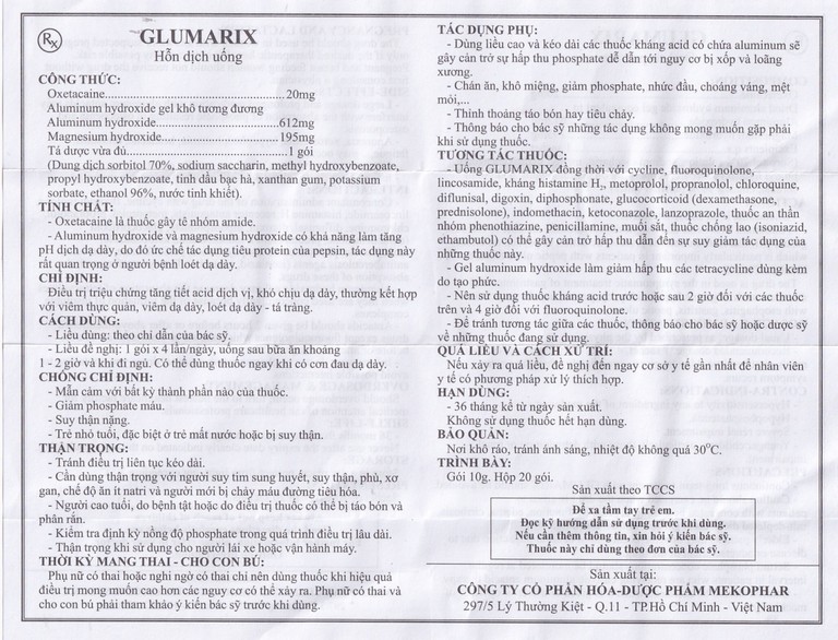 Hỗn dịch uống Glumarix 10g Mekophar điều trị triệu chứng tăng tiết acid dịch vị, khó chịu dạ dày (20 gói)