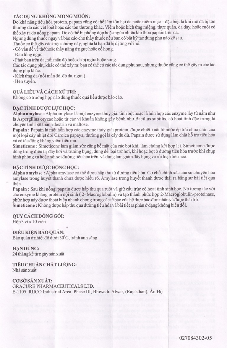 Thuốc Grazyme Gracure điều trị khó tiêu, tức bụng, đầy hơi (3 vỉ x 10 viên)