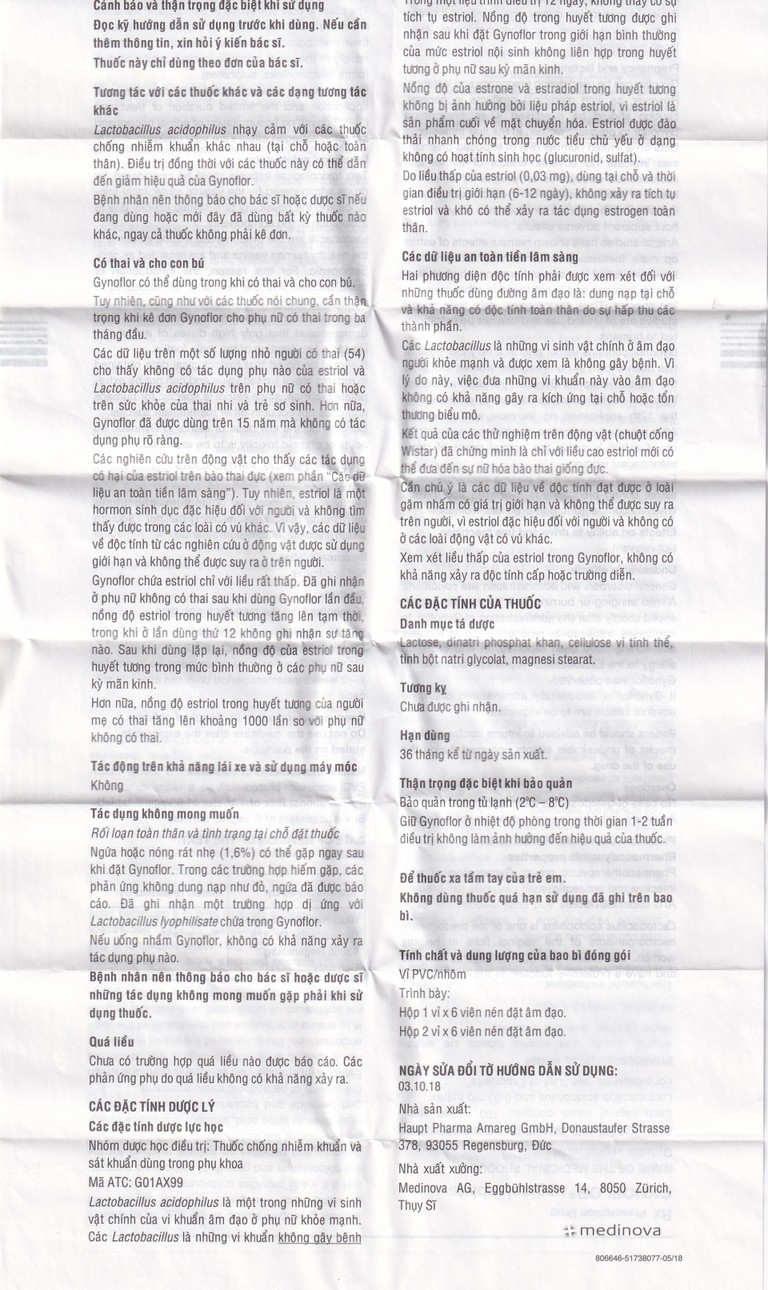 Viên đặt âm đạo Gynoflor Medinova điều trị nhiễm khuẩn âm đạo (1 vỉ x 6 viên)