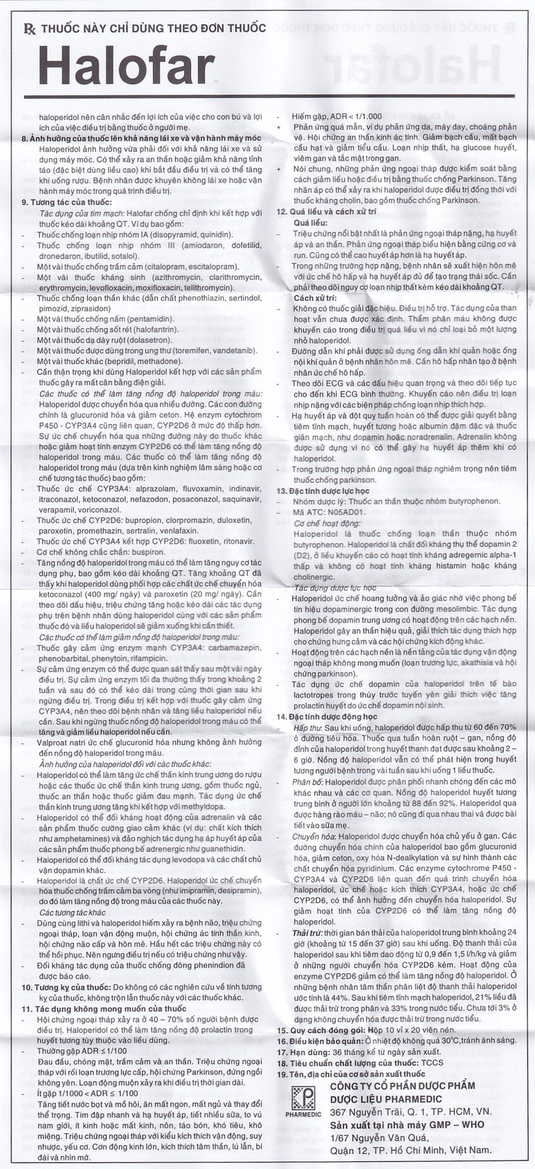 Thuốc Halofar Pharmedic điều trị các biểu hiện rối loạn tâm thần (10 vỉ x 20 viên)