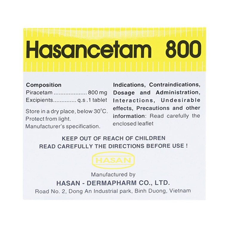 Thuốc Hasancetam 800 Hasan điều trị rối loạn chức năng não, suy giảm trí nhớ (10 vỉ x 10 viên)