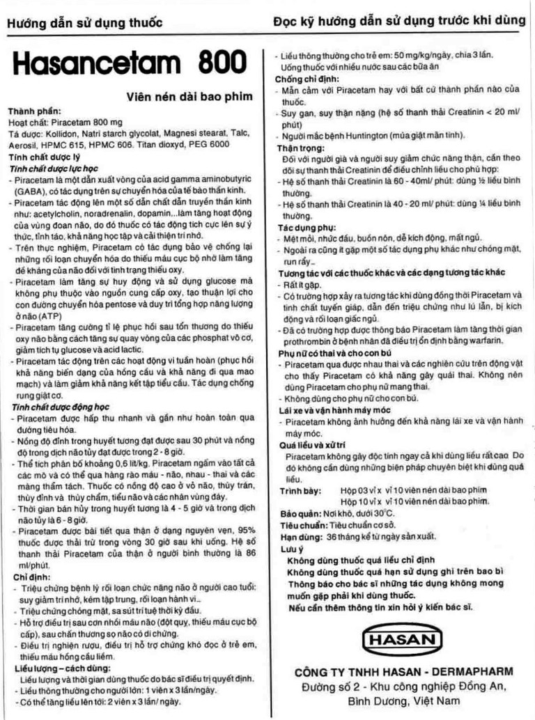 Thuốc Hasancetam 800 Hasan điều trị rối loạn chức năng não, suy giảm trí nhớ (10 vỉ x 10 viên)