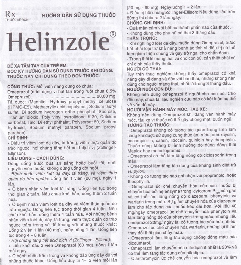 Thuốc Helinzole 20mg SPM điều trị viêm loét dạ dày, tá tràng (3 vỉ x 8 viên)