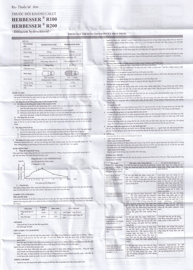 Thuốc Herbesser R200 điều trị tăng huyết áp vô căn, đau thắt ngực ổn định (10 vỉ x 10 viên)