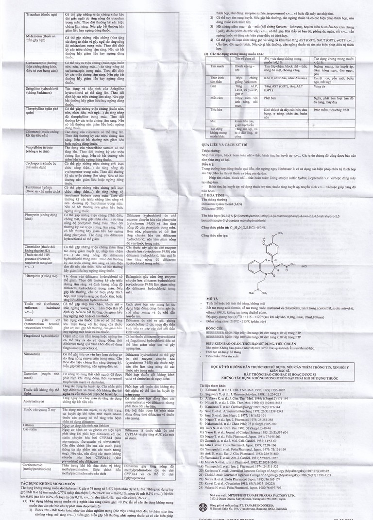 Thuốc Herbesser R200 điều trị tăng huyết áp vô căn, đau thắt ngực ổn định (10 vỉ x 10 viên)