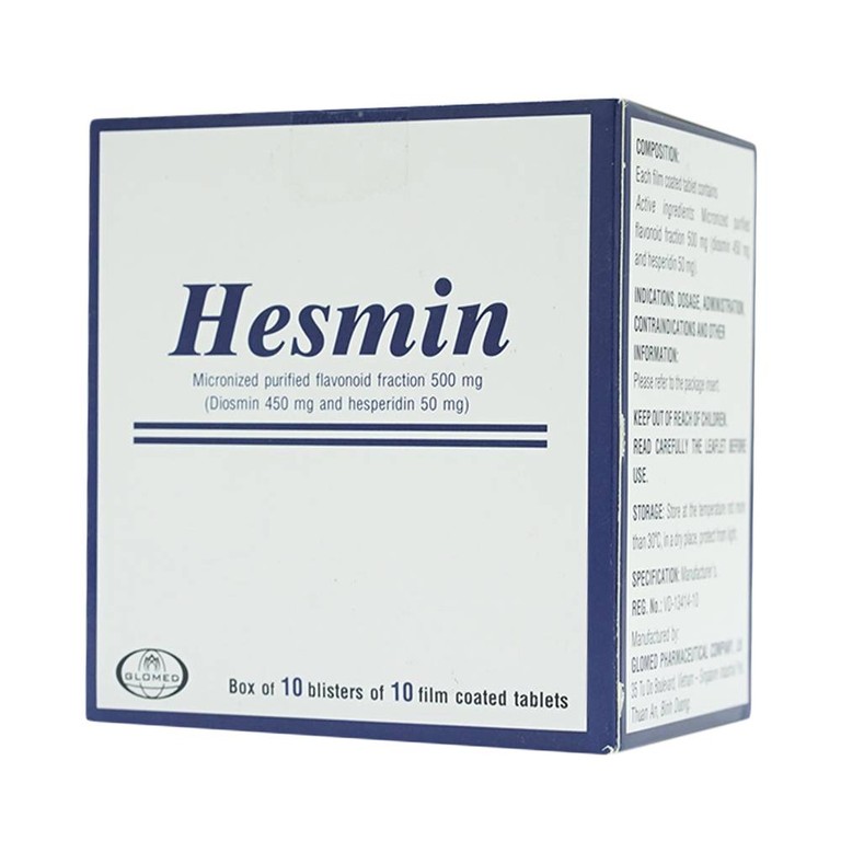 Thuốc Hesmin 500mg Glomed điều trị các triệu chứng và dấu hiệu của suy tĩnh mạch và bệnh trĩ (10 vỉ x 10 viên)