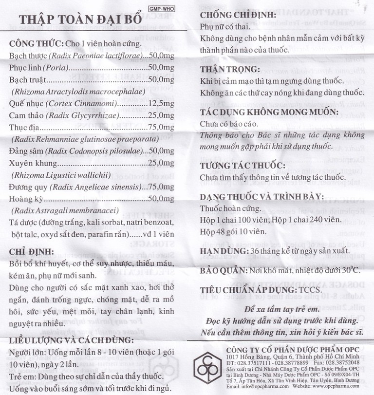 Thuốc Thập Toàn Đại Bổ OPC bồi bổ khí huyết, trị suy nhược cơ thể (240 viên)