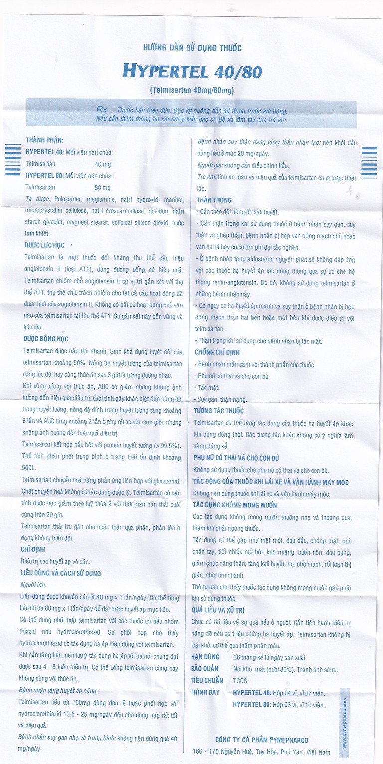 Thuốc Hypertel 40mg Pymepharco điều trị cao huyết áp vô căn (4 vỉ x 7 viên) 