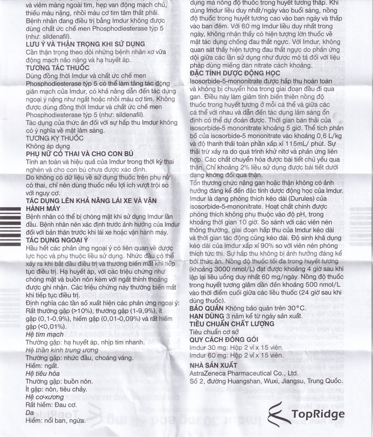 Thuốc Imdur 60mg AstraZeneca điều trị dự phòng đau thắt ngực (2 vỉ x 15 viên)