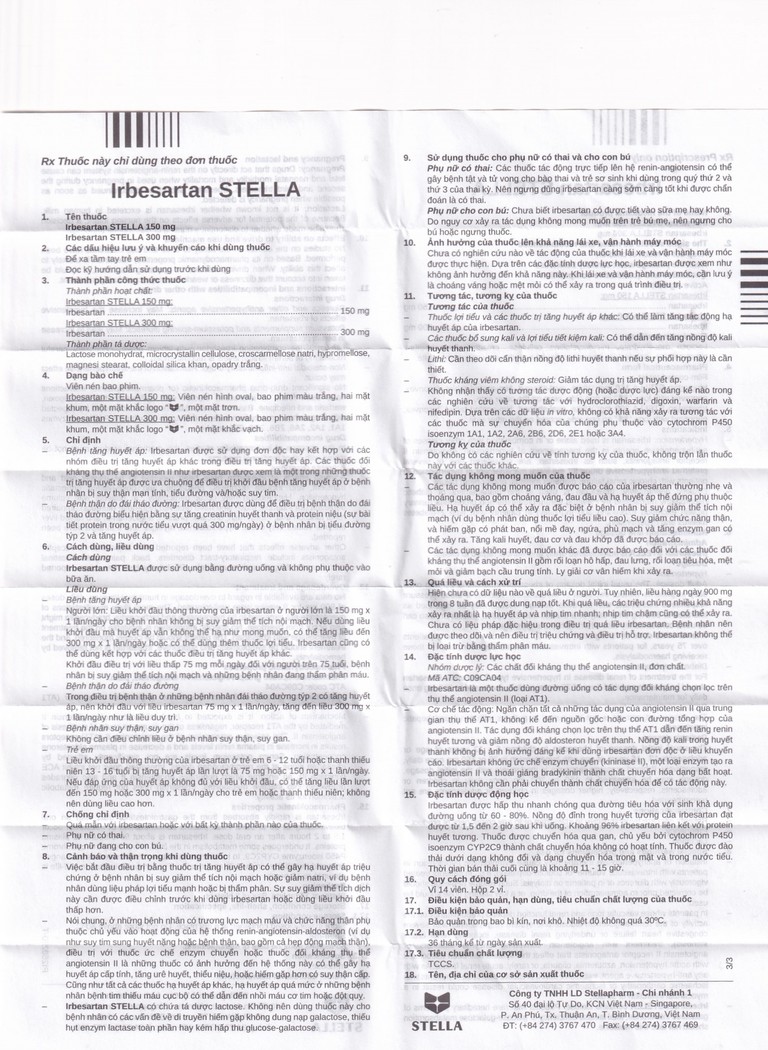 Thuốc Irbesartan Stella 150mg điều trị tăng huyết áp, bệnh thận do tiểu đường (2 vỉ x 14 viên)