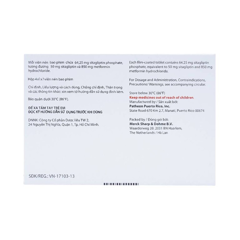 Viên nén Janumet 50mg/850mg MSD điều trị đái tháo đường típ 2 (4 vỉ x 7 viên)