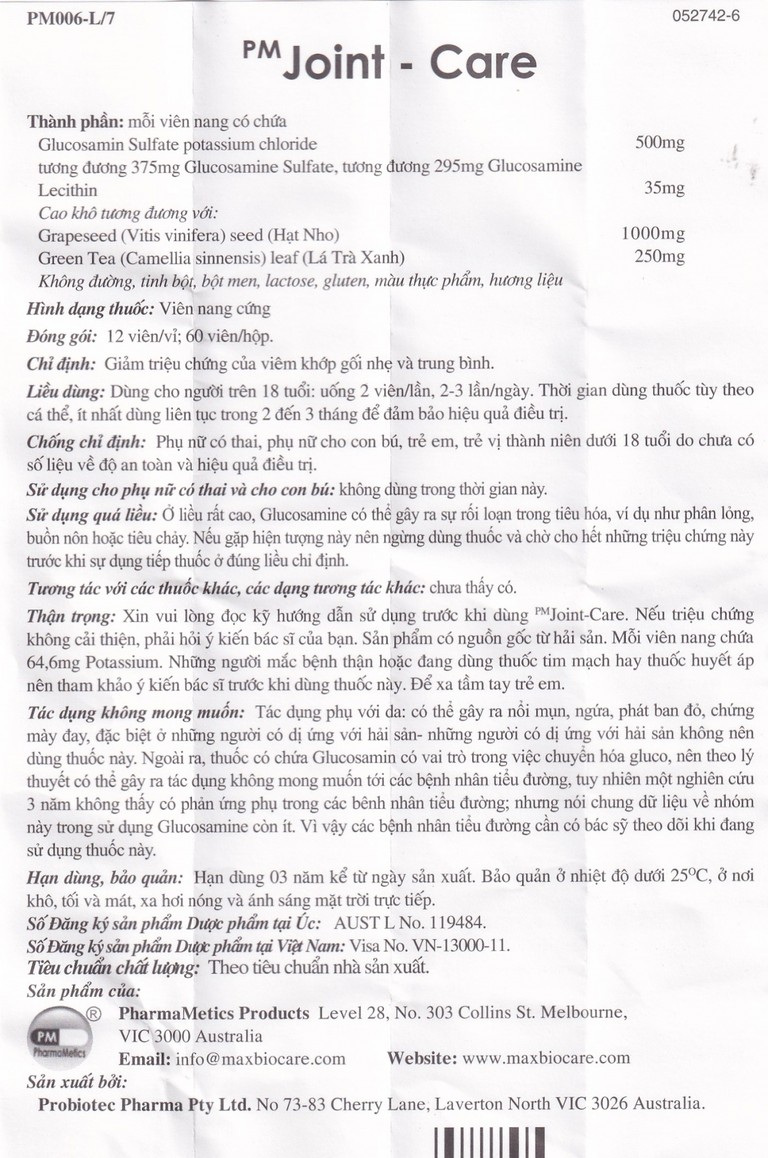 Thuốc PM Joint-Care giảm triệu chứng viêm khớp gối nhẹ và trung bình (5 vỉ x 12 viên)