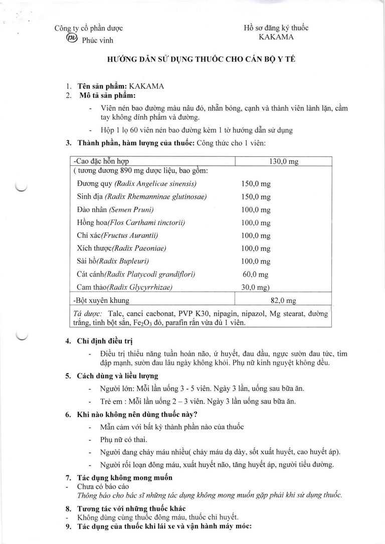 Viên nén Kakama Phúc Vinh điều trị thiểu năng tuần hoàn não, ứ huyết, đau đầu (60 viên)