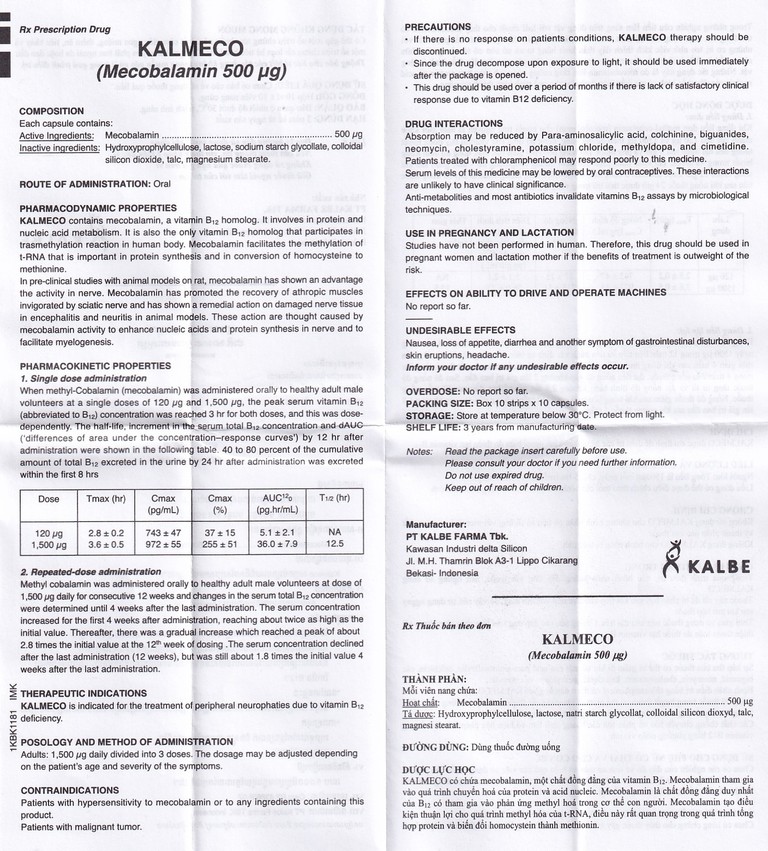 Viên nang Kalmeco 500µg Kalbe điều trị các bệnh thần kinh ngoại biên do thiếu hụt vitamin B12 (10 vỉ x 10 viên) 