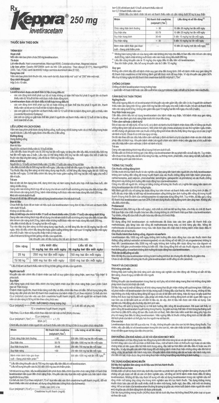 Viên nén Keppra 250mg GSK điều trị các cơn động kinh cục bộ (3 vỉ x 10 viên)