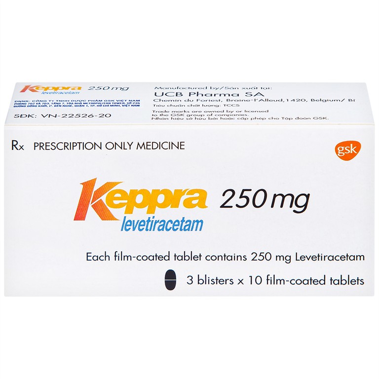 Viên nén Keppra 250mg GSK điều trị các cơn động kinh cục bộ (3 vỉ x 10 viên)