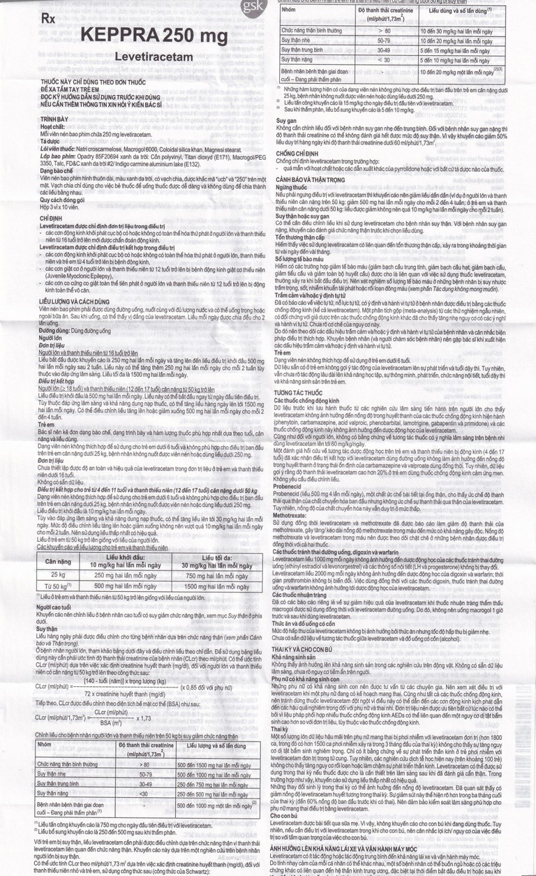 Viên nén Keppra 250mg GSK điều trị các cơn động kinh cục bộ (3 vỉ x 10 viên)