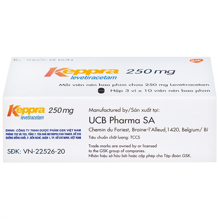 Viên nén Keppra 250mg GSK điều trị các cơn động kinh cục bộ (3 vỉ x 10 viên)