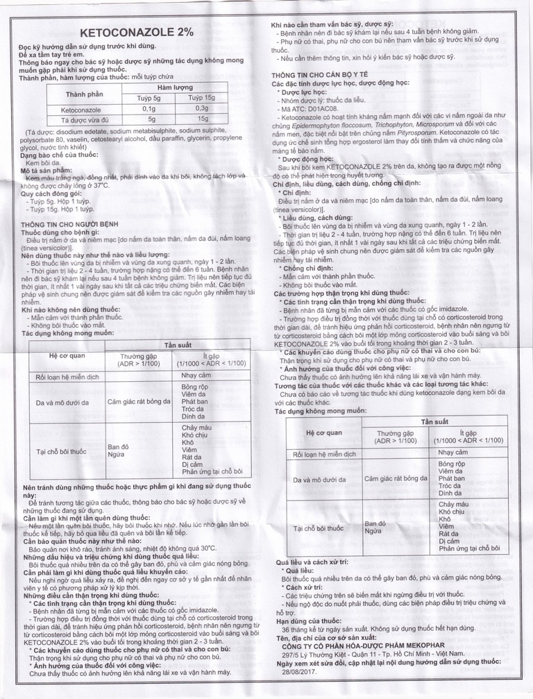Kem bôi da Ketoconazole 2% Mekophar điều trị nấm ở da và niêm mạc (5g) 