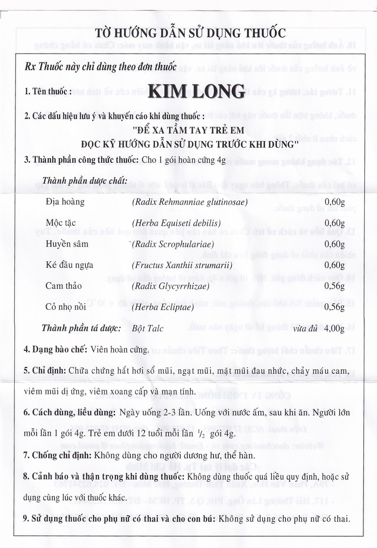 Thuốc Kim Long chữa chứng hắt hơi, sổ mũi, ngạt mũi, mặt mũi đau nhức (10 gói x 4g)