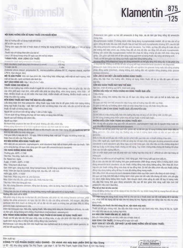 Viên nén Klamentin 875/125 DHG Pharma điều trị viêm xoang, viêm tai giữa, viêm phế quản (2 vỉ x 7 viên)