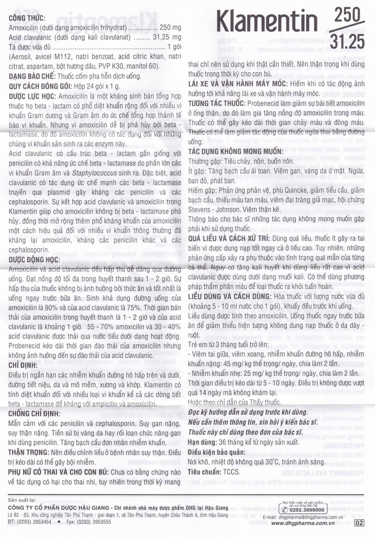 Cốm pha hỗn dịch uống Klamentin 250/31.25 DHG Pharma điều trị nhiễm khuẩn đường hô hấp, đường tiết niệu (24 gói) 