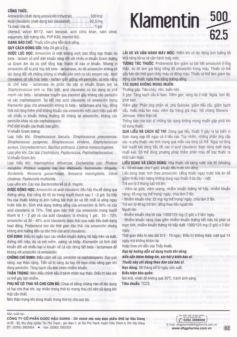 Cốm pha hỗn dịch uống Klamentin 500/62.5 DHG Pharma điều trị nhiễm khuẩn đường hô hấp (24 gói) 