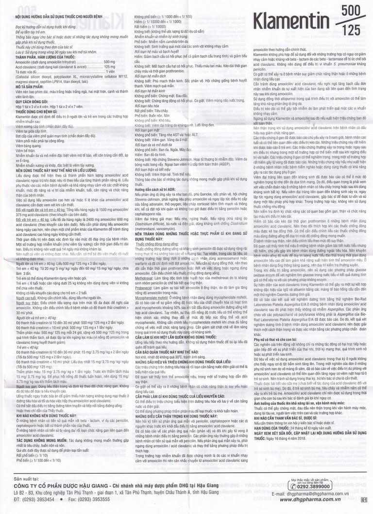 Thuốc Klamentin 500/125 DHG Pharma điều trị viêm xoang, viêm tai giữa, viêm phế quản (3 vỉ x 4 viên)