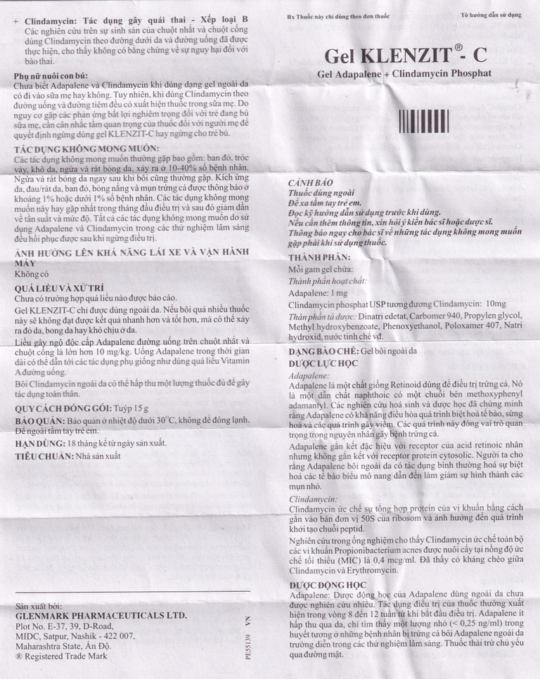 Gel bôi ngoài da Klenzit - C điều trị mụn trứng cá (15g)