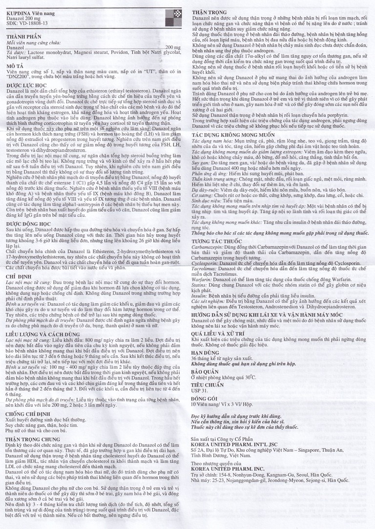 Viên nang cứng Kupdina 200mg Korea United Pharm điều trị đau trong lạc nội mạc tử cung, u xơ tuyến vú (3 vỉ x 10 viên)