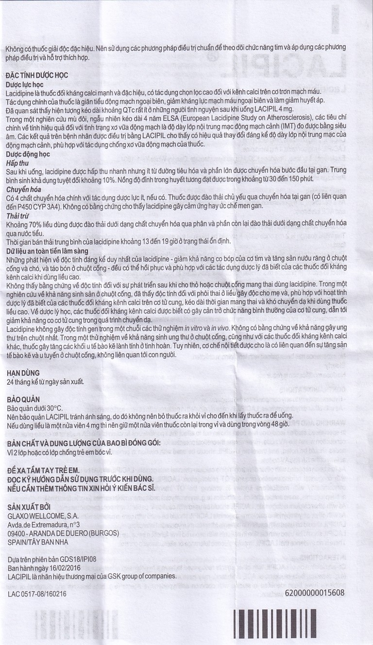 Viên nén Lacipil 2mg GSK điều trị tăng huyết áp (4 vỉ x 7 viên)