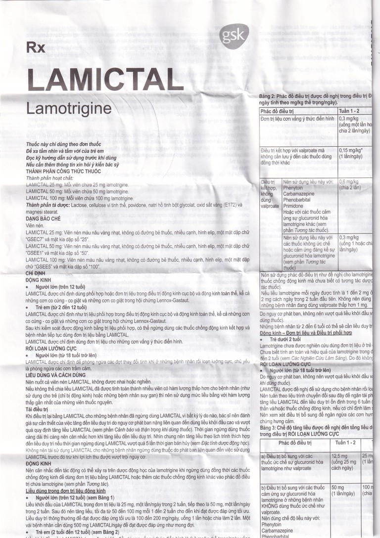 Viên nén Lamictal 50mg GSK điều trị động kinh và phòng ngừa bệnh rối loạn lưỡng cực (3 vỉ x 10 viên)