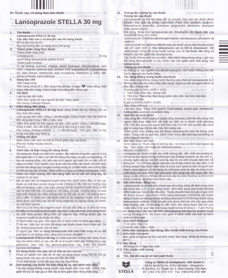 Viên nang cứng Lansoprazole Stella 30mg điều trị loét dạ dày, viêm thực quản (3 vỉ x 10 viên)