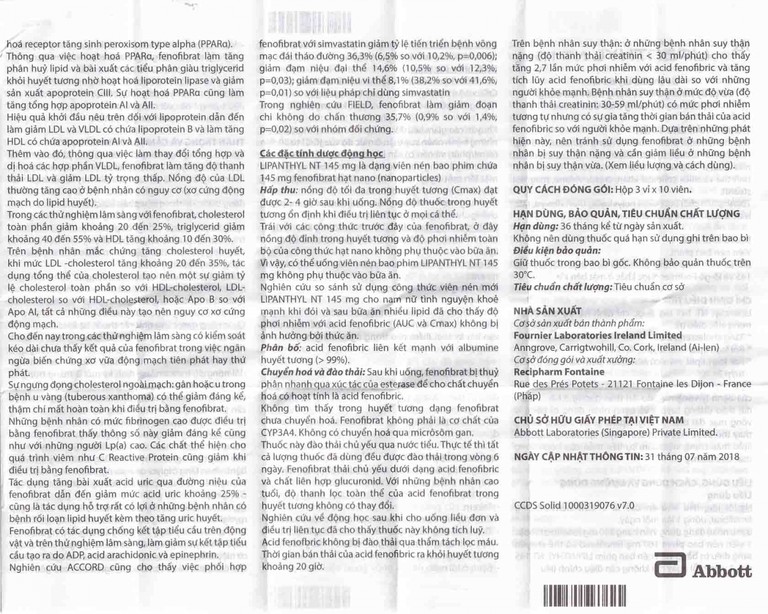 Thuốc Lipanthyl NT 145mg Abbott hỗ trợ giảm cholesterol máu và tiến triển bệnh võng mạc đái tháo đường (3 vỉ x 10 viên)