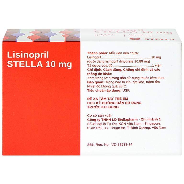 Viên nén Lisinopril Stella 10mg điều trị tăng huyết áp, suy tim sung huyết (10 vỉ x 10 viên)