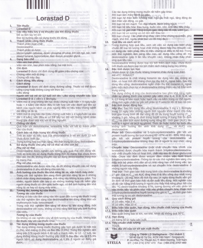 Viên nén Lorastad D 5mg Stella giảm viêm mũi dị ứng, mày đay (3 vỉ x 10 viên)