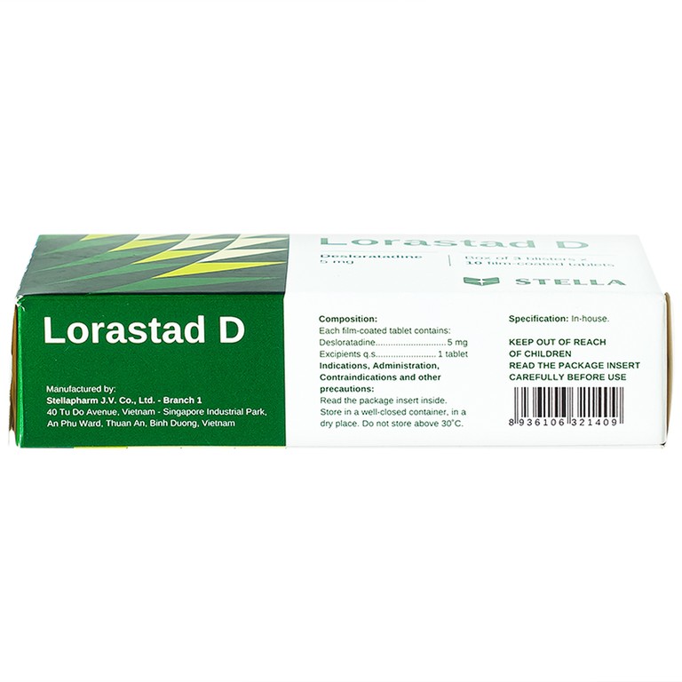 Viên nén Lorastad D 5mg Stella giảm viêm mũi dị ứng, mày đay (3 vỉ x 10 viên)