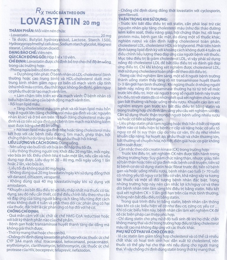 Thuốc Lovastatin 20mg Domesco phòng ngừa biến cố tim mạch (1 vỉ x 10 viên)